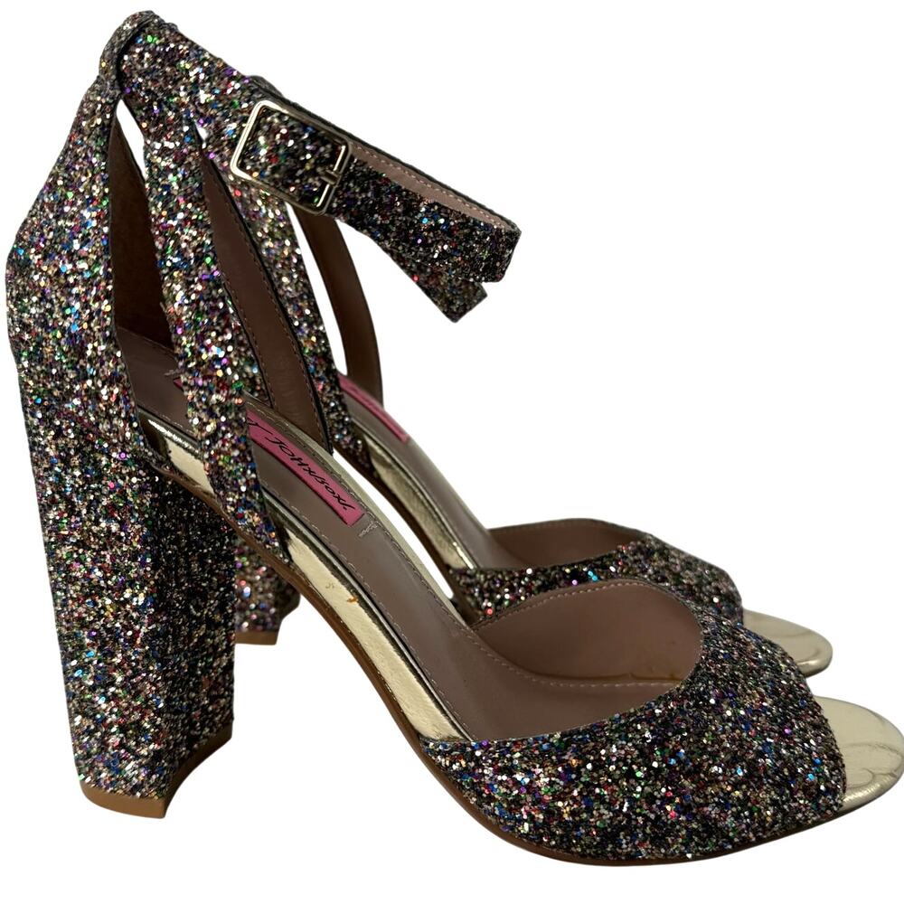 Betsey Johnson Rainbow Glitter Heels Women’s 8 Ankle Strap